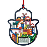 Hand-painted Hamsa wall blessing with Jerusalem design